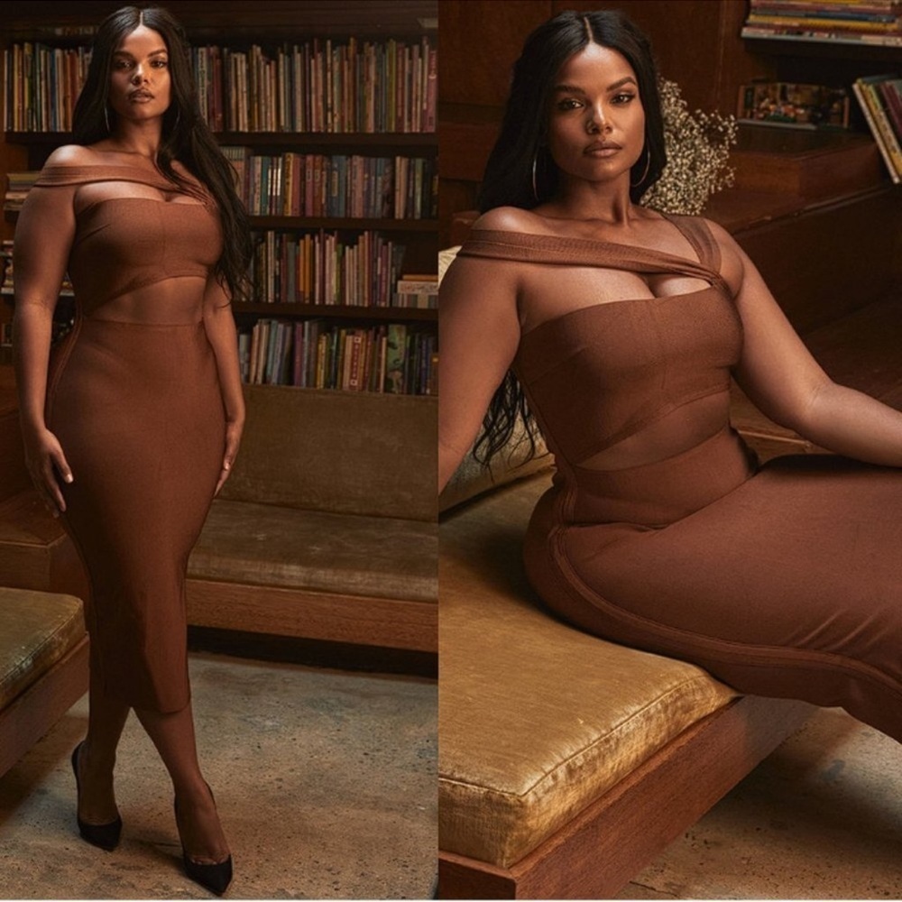 NWOT HOUSE OF CB Aina Tan Brown Cut Out Bandage Midi Dress sz L